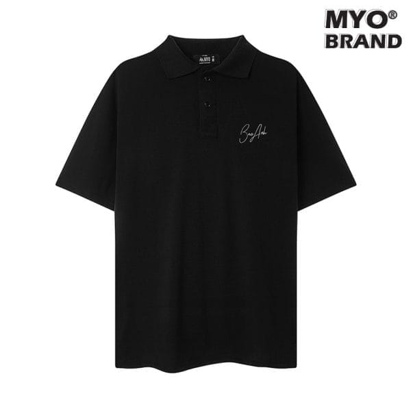 Áo Thun Có Cổ Polo MYO Vải Cotton Thêu Tên Chữ Ký Theo Yêu Cầu Màu Đen